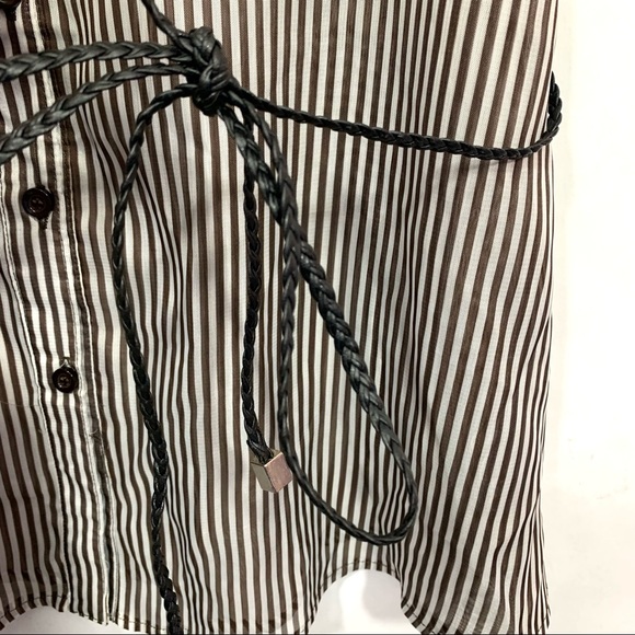 Cecico Women's Brown / Off White Striped Sleeveless Self Tie Sheer Tunic Top NWT - Picture 6 of 9